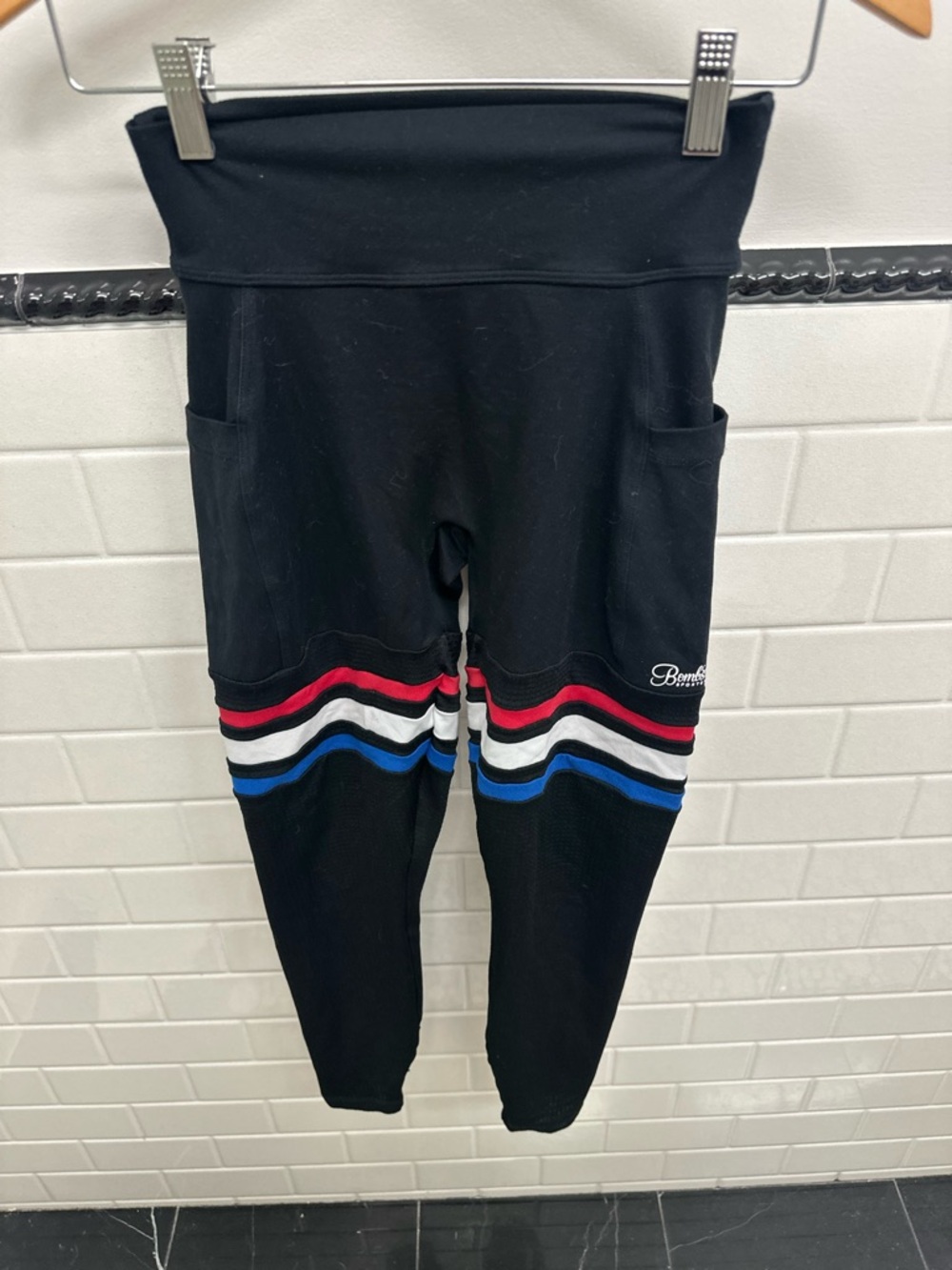 Bombshell Sportswear Black Leggings with Red, White & Blue Stripes